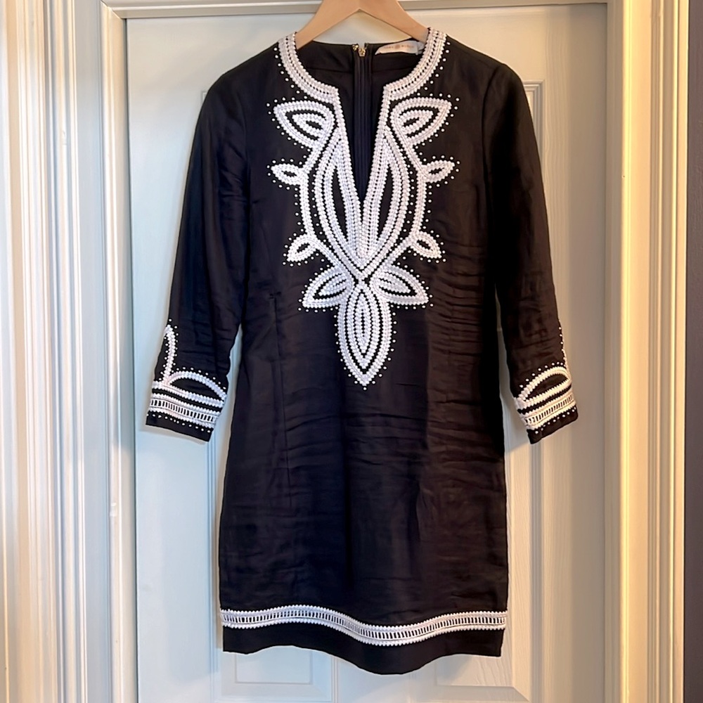 Tory Burch Odelia Embroidered Tunic Dress Cover Up Navy Caftan Resort size 2